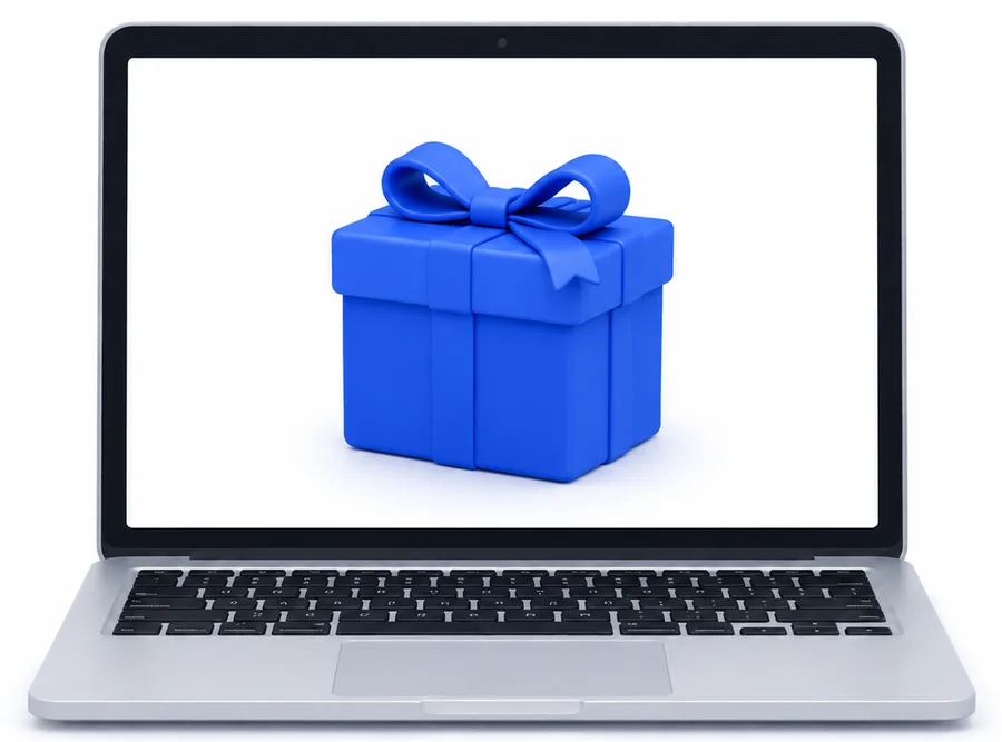 Laptop mit einem blauen Geschenk auf dem Bildschirm: der Selbstlernkurs als Geschenk